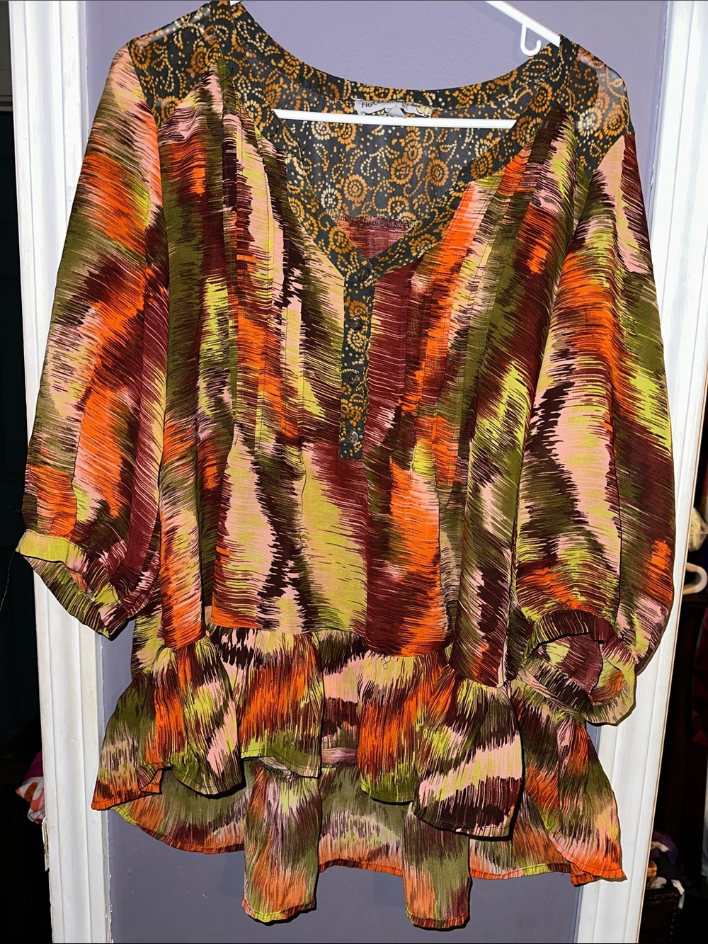 Printed V-Neck Tiered Tunic in Olive, Rust and Pink